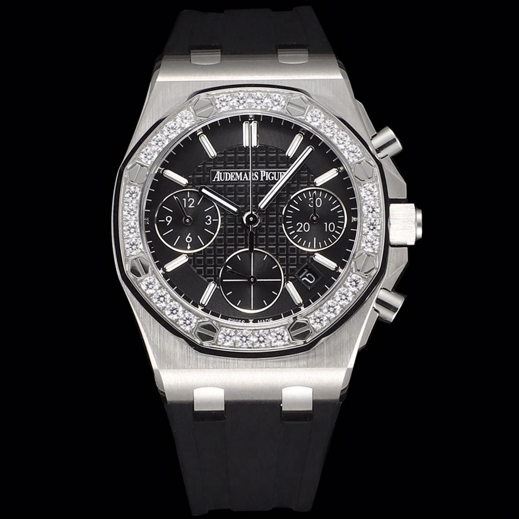 AP lady size 37mm silver case black dial diamonds bezel black rubber strap automatic 7750 movement WT16