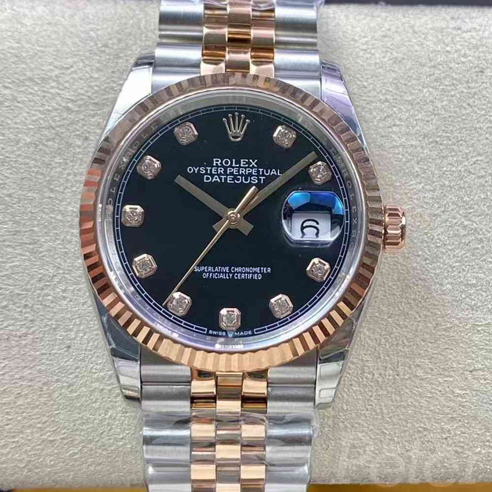 Datejust 36 126233 rose gold 2tone color EW 3235 automatic black dial stones numbers jubilee band EW
