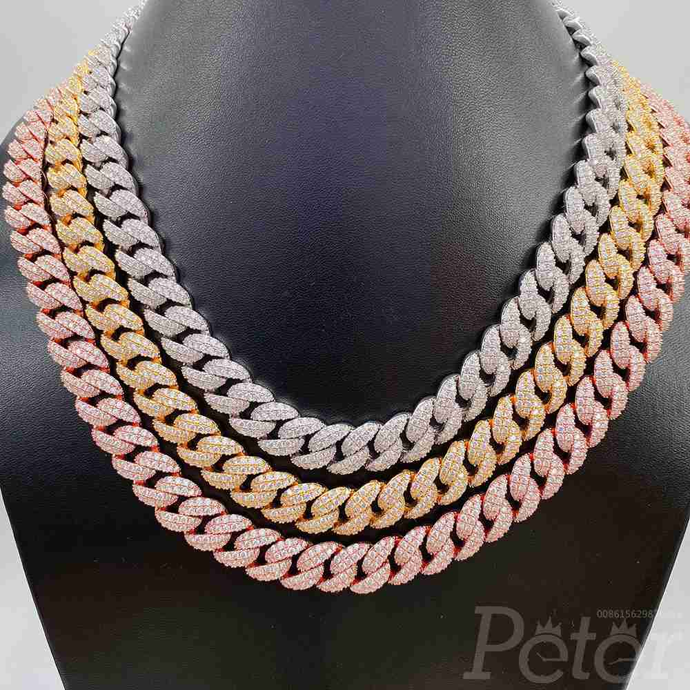 Cuban Chains 12mm Moissanite stones Hip-Hop Necklace S925 silver rose/silver/gold bling bling FH1769