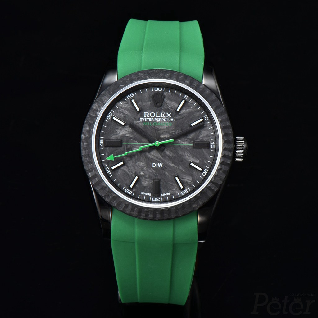 Milgauss black Tungsten steel case 36mm carbon fluted bezel carbon dial green rubber strap DiW ETA 2836 WT130