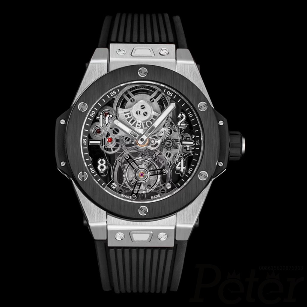 Hublot Unico Skeleton case 1:1 grade Tourbillon movement black ceramic bezel black rubber strap WT440