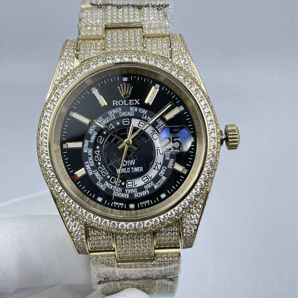 Sky DiW full diamonds AAA gold case 41mm black dial World Timer zircon stones automatic watch S115