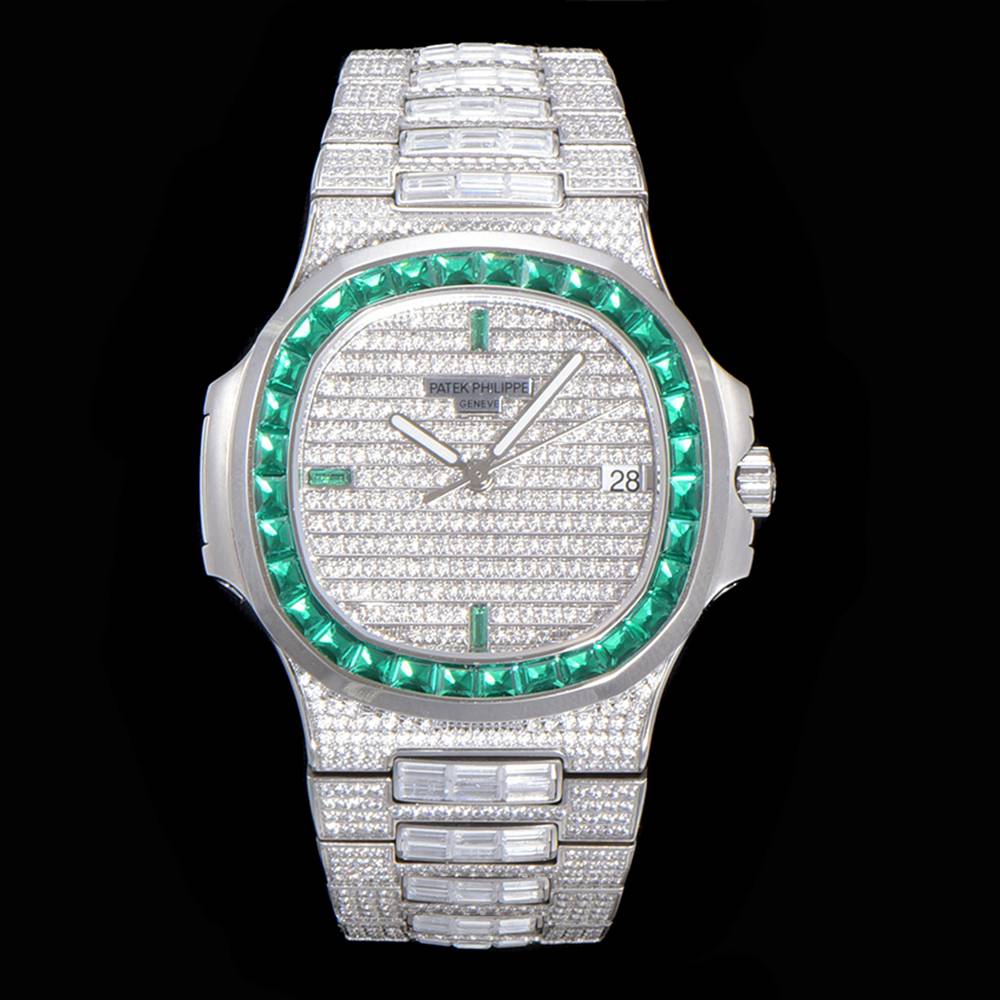 Patek Nautilus baguette green stones Swiss grade diamonds face shiny men replica watch XDx