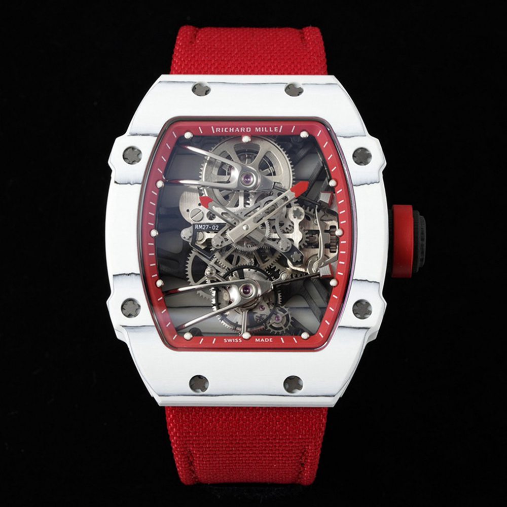 RM27-02 Rafael Nadal red nylon strap white carbon case skeleton dial RM factory real tourbillon movement WT485