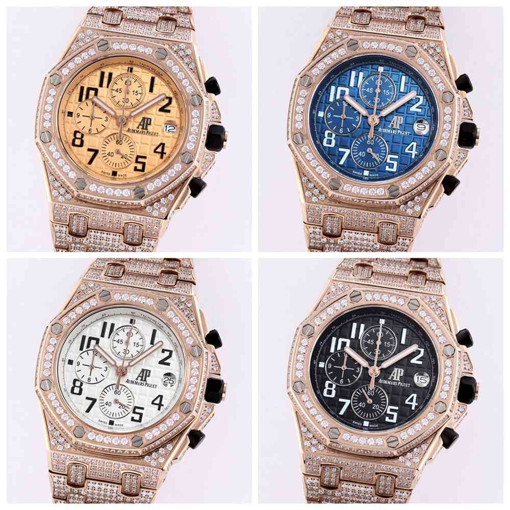 AP iced rose gold case 42mm zircon stones gold/blue/white/black dials chronograph VK quartz men stopwatch AAA