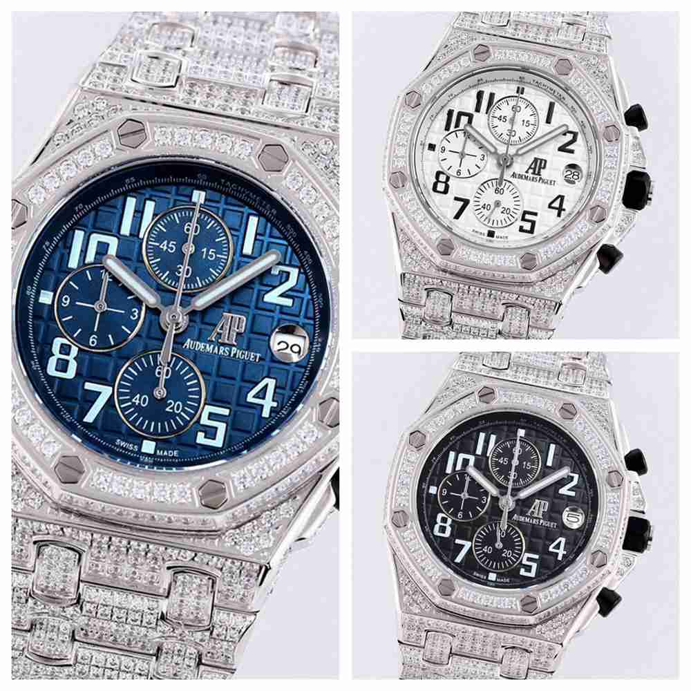 AP iced silver case 42mm quartz full works blue/white/black zircon stones AAA men stopwatch