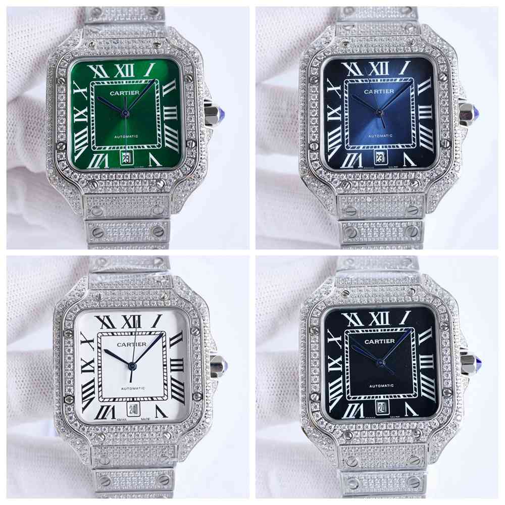 Cartier Santos diamonds silver case automatic men watches green/blue/white/black dials all available