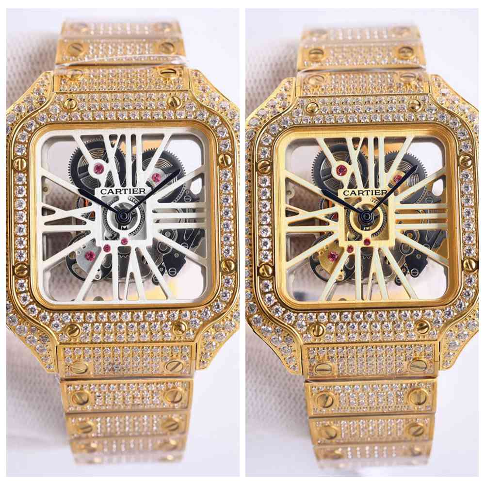 Cartier Santos iced out gold case skeleton dial quartz movement Zircon shiny stones M145