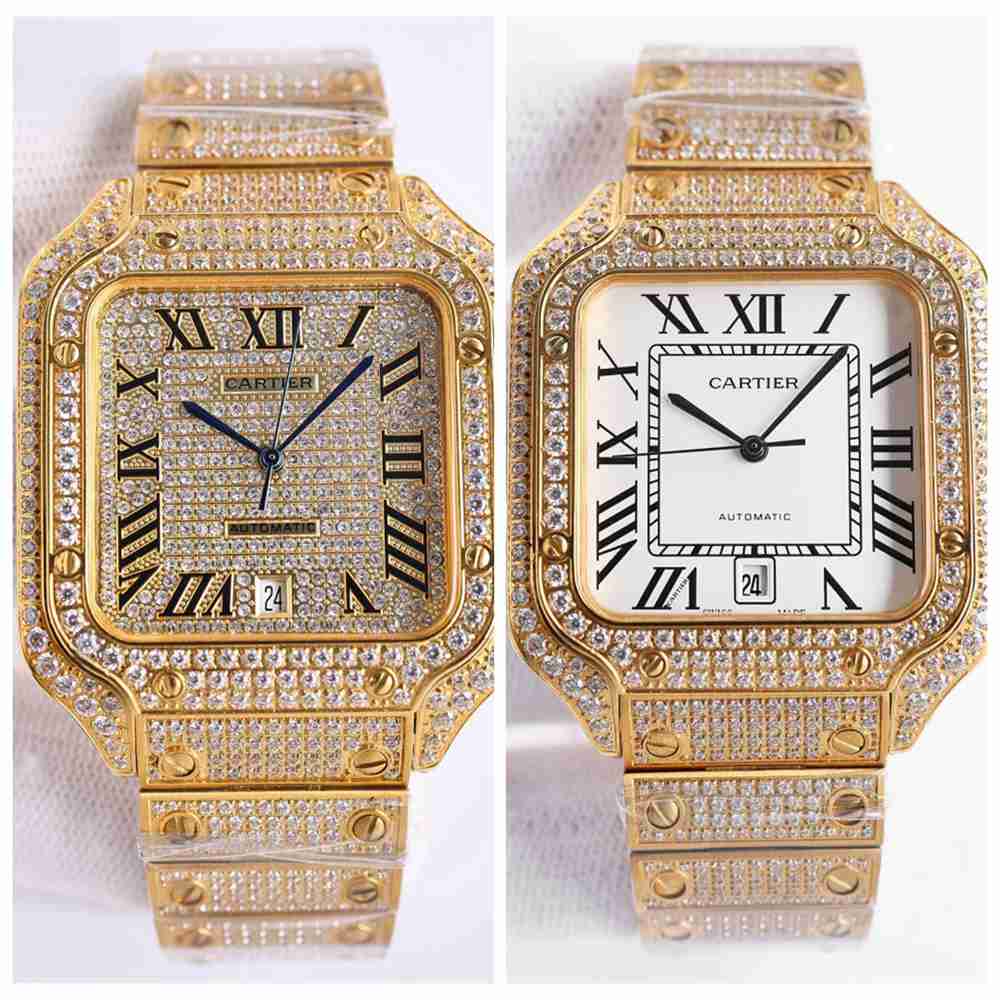 Cartier Santos full iced out yellow gold case diamonds/white dial Roman numbers automatic men watches M160