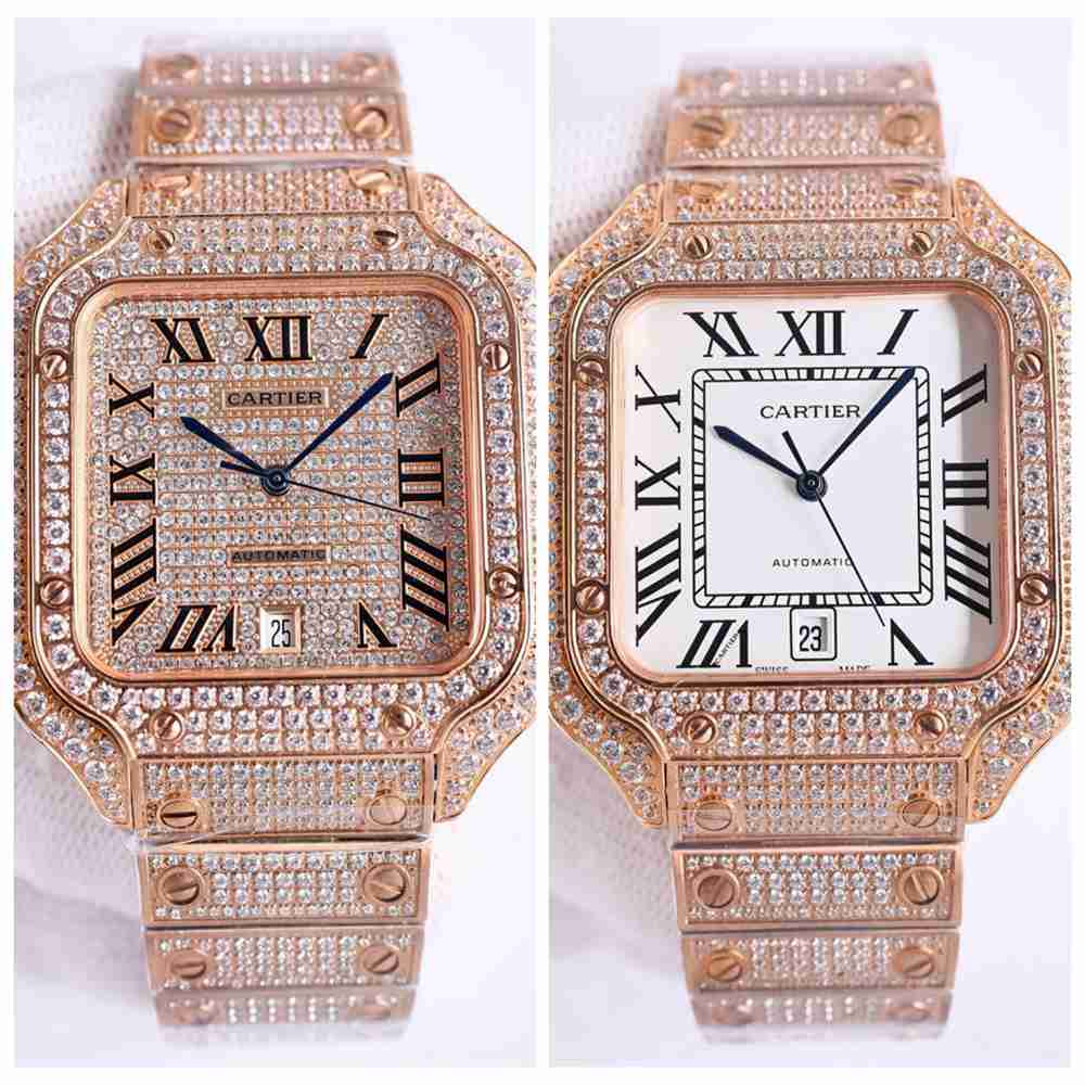 Cartier Santos rose gold case full diamonds shiny automatic men watches diamond-set/white dials M160