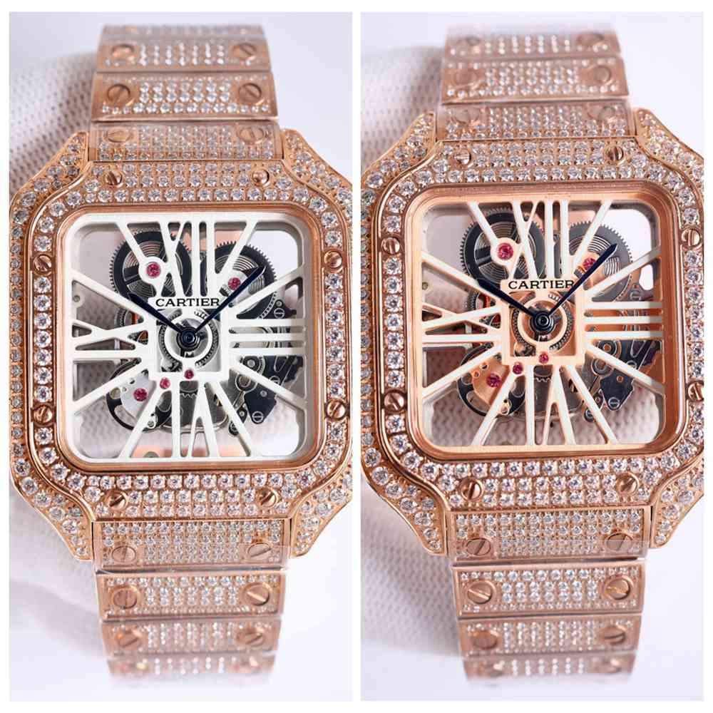 Cartier Santos rose gold case skeleton dial full diamonds shiny Zircon stones quartz movement men watches M145