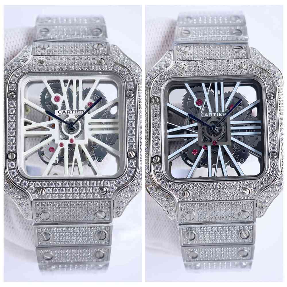 Cartier Santos full diamonds silver case skeleton dial quartz movement men shiny watches M145