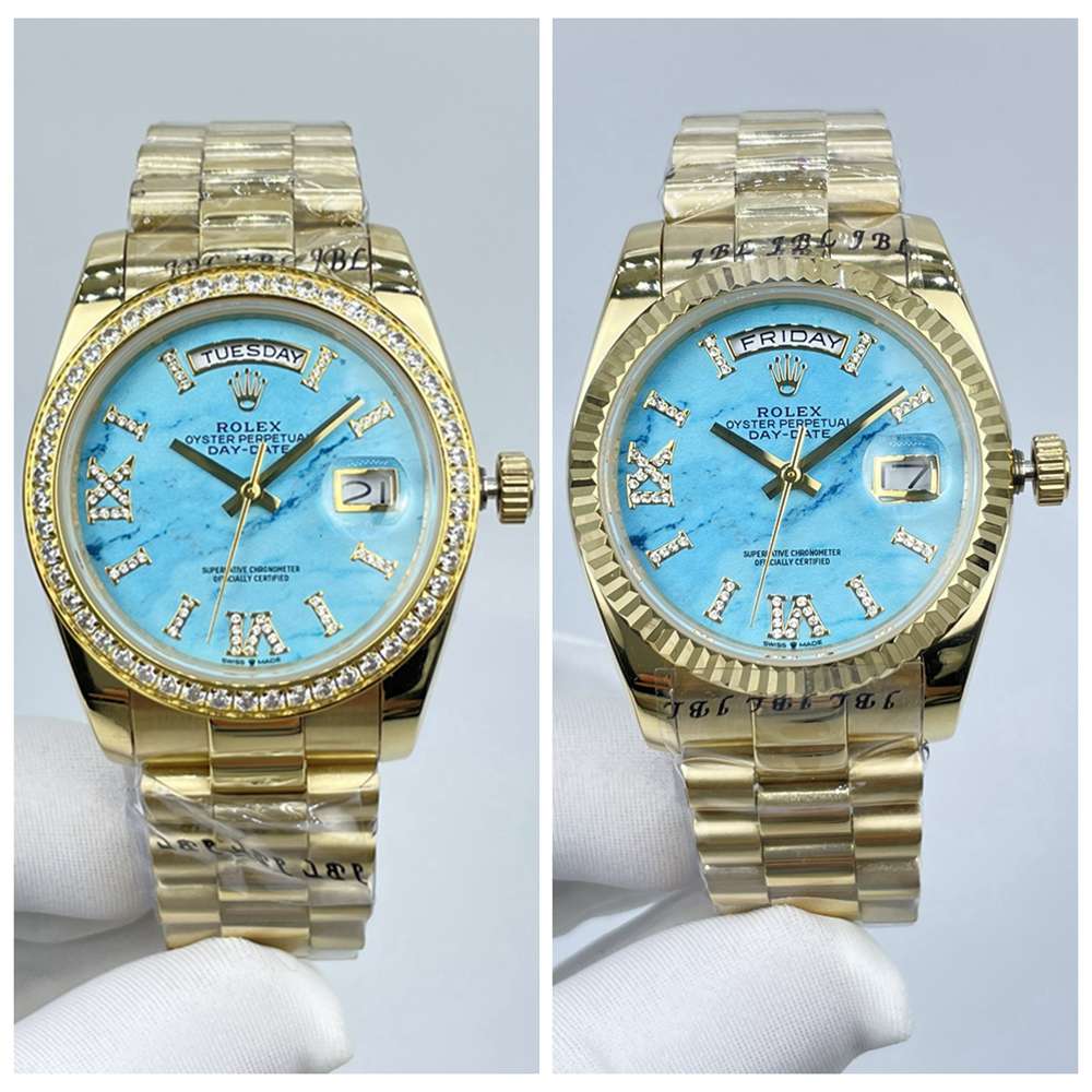 DayDate 36mm gold case diamonds/fluted bezel Turquoise face Roman stone numbers president band women watch