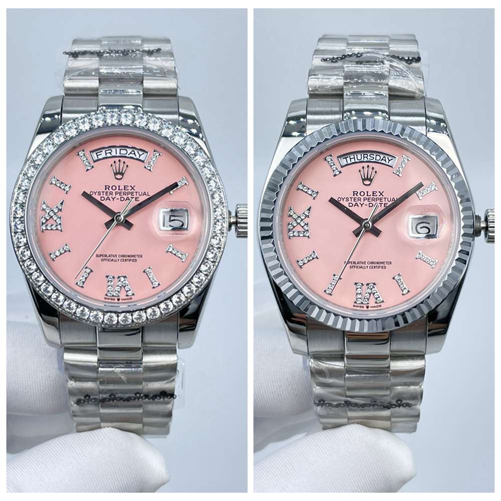 DayDate 36mm pink dial roman stone numbers diamond-set/fluted bezel women silver case watches