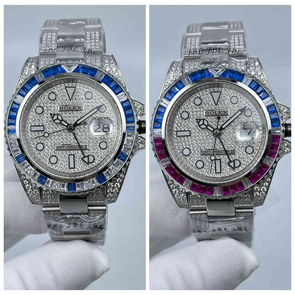 GMT AAA rainbow bezel baguette stones diamonds face stainless steel silver case automatic men watches S08