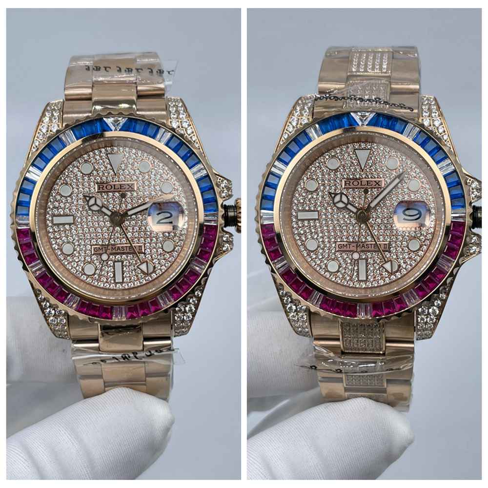 GMT rose gold diamonds face rainbow baguette stone bezel two different straps men AAA automatic S08