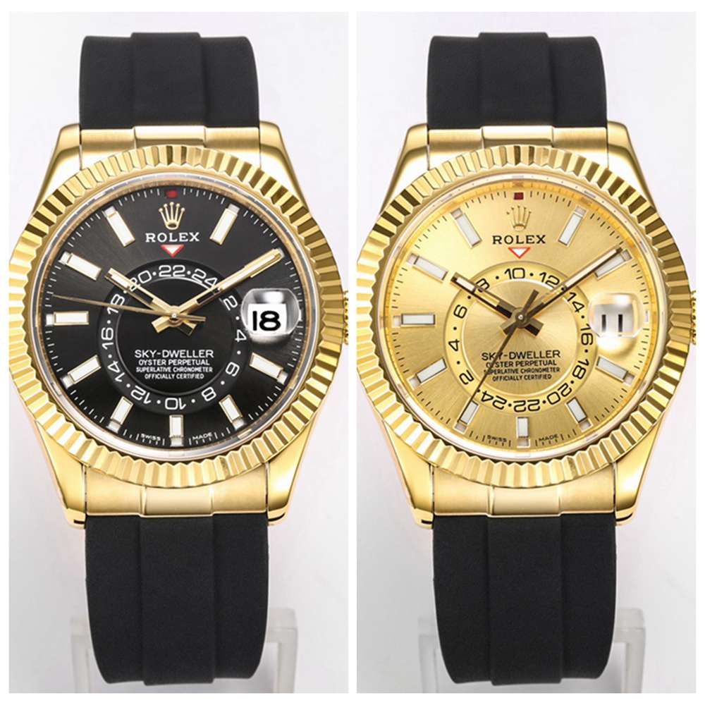Sky-Dweller gold case 42mm 9001 full works automatic gold/black dial black rubber strap high grade WT15