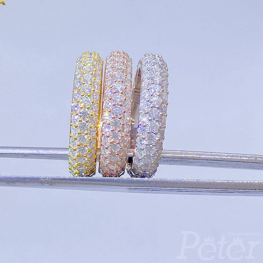 Rings Hip-Hop 925 Silver Set VVS Three Rows Round Moissanite diamonds gold/white/rose US8 156usd