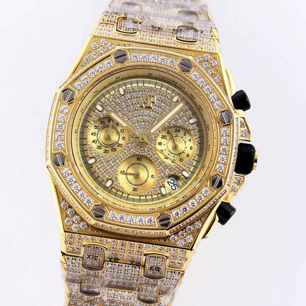 AP full diamonds yellow gold case 42mm chronograph vk quartz movement men stopwatch M120