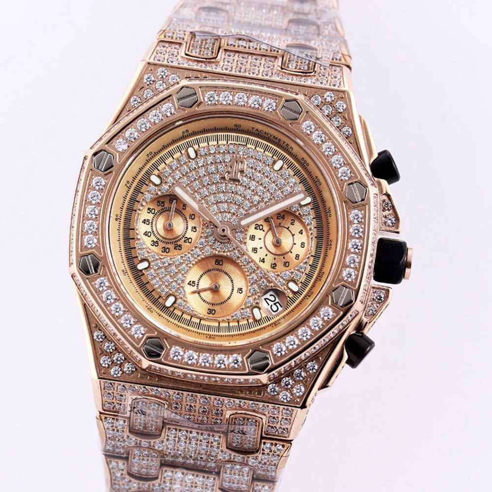 AP full iced out rose gold case 42mm diamonds face full works chronograph vk quartz men stopwatch