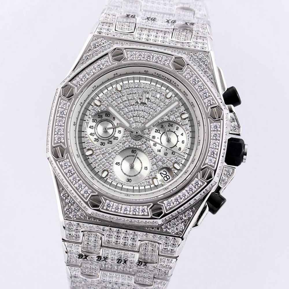 AP full iced silver case 42mm zircon stones diamonds face chronograph vk quartz men stopwatch AAA