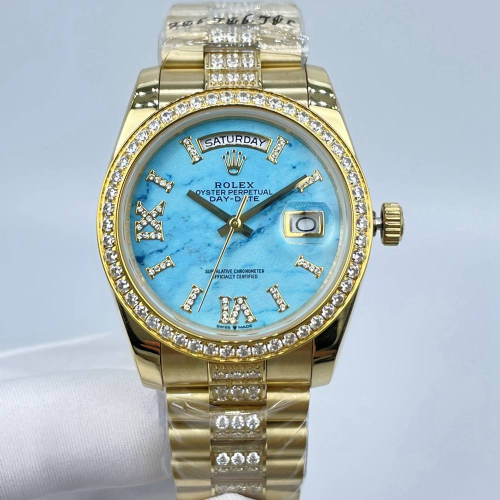 DayDate 36mm gold case Turquoise face Roman diamond numbers diamonds strap women automatic watch