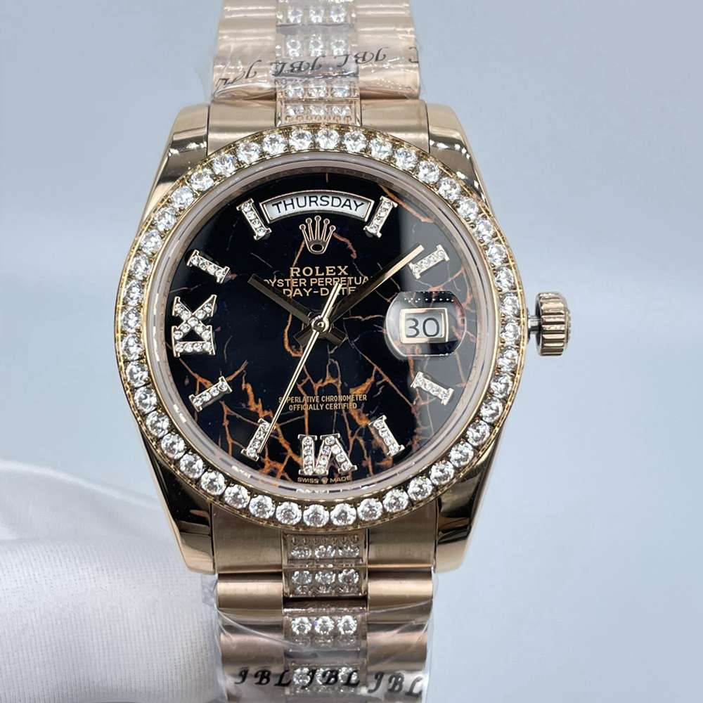 DayDate 36mm rose gold case diamond-set bezel Eisenkiesel dial Roman stone numbers women wristwatch