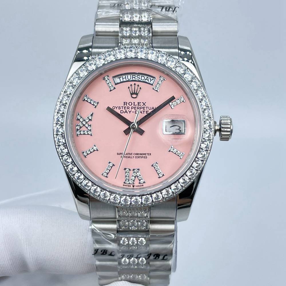 DayDate 36mm silver case pink dial roman stone numbers diamonds president strap women automatic 2813 watch s