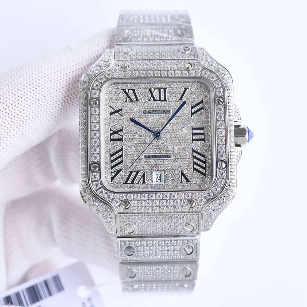 Cartier Santos full iced out silver case diamonds face roman numbers automatic movement men watch M