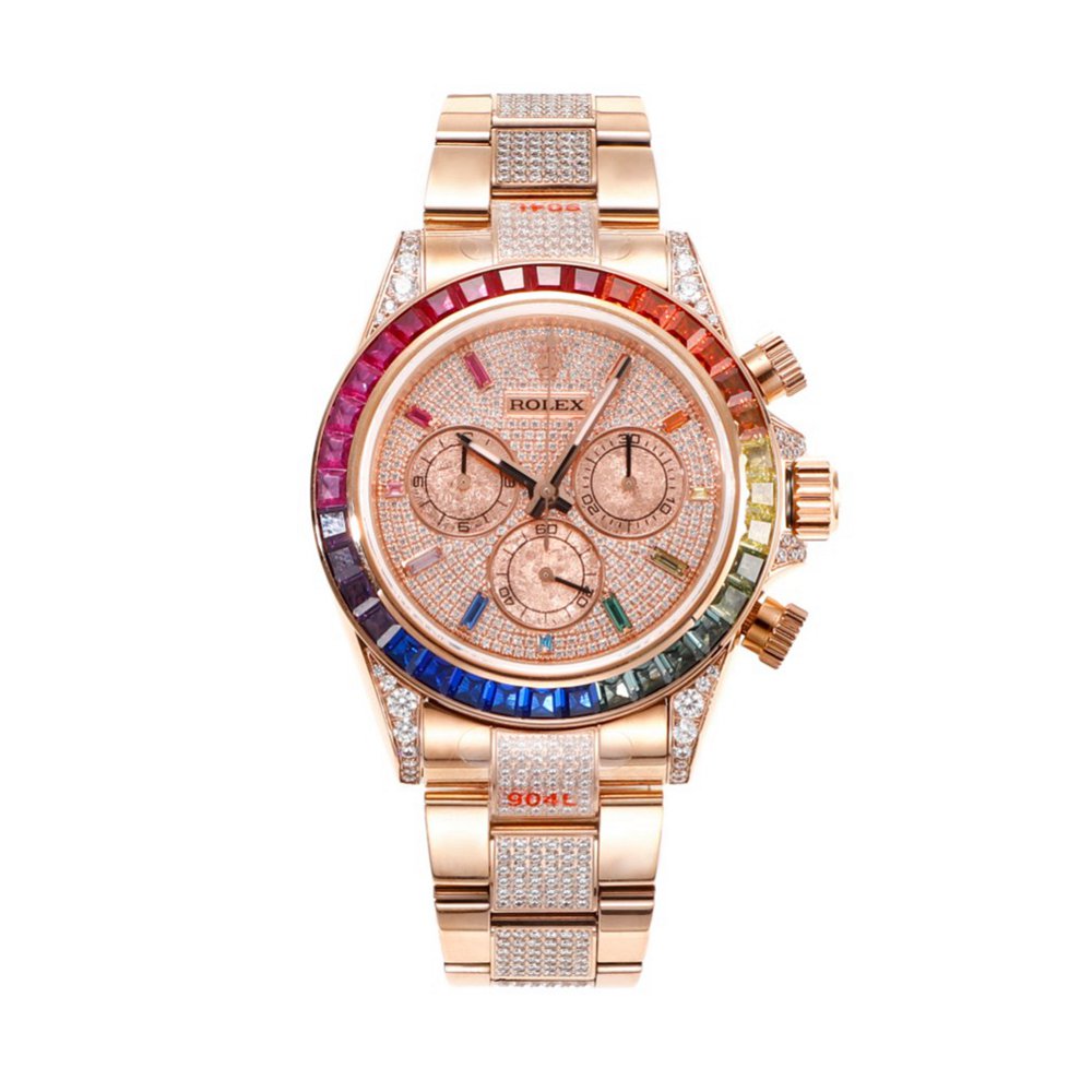 Daytona rose gold case Rainbow baguette diamond-set bezel diamonds face MS factory 7750 automatic men stopwatch XD2