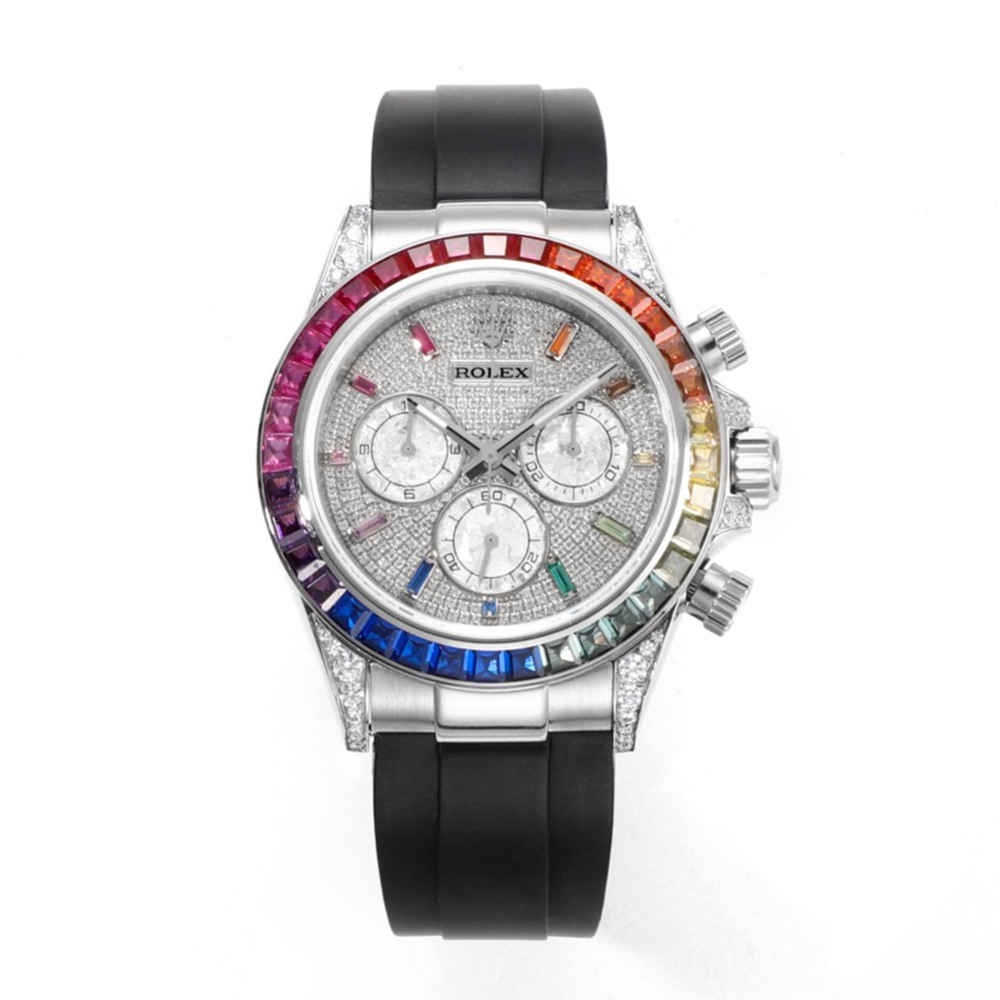 Daytona Rainbow bezel diamonds face black rubber strap MS factory 7750 automatic men stopwatch XD