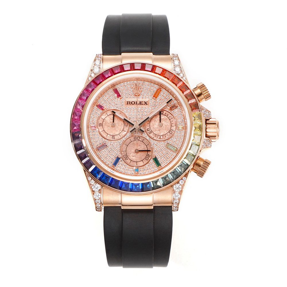 Daytona MS factory 7750 automatic rose gold case rainbow bezel diamonds dial black rubber strap 1:1 XD2