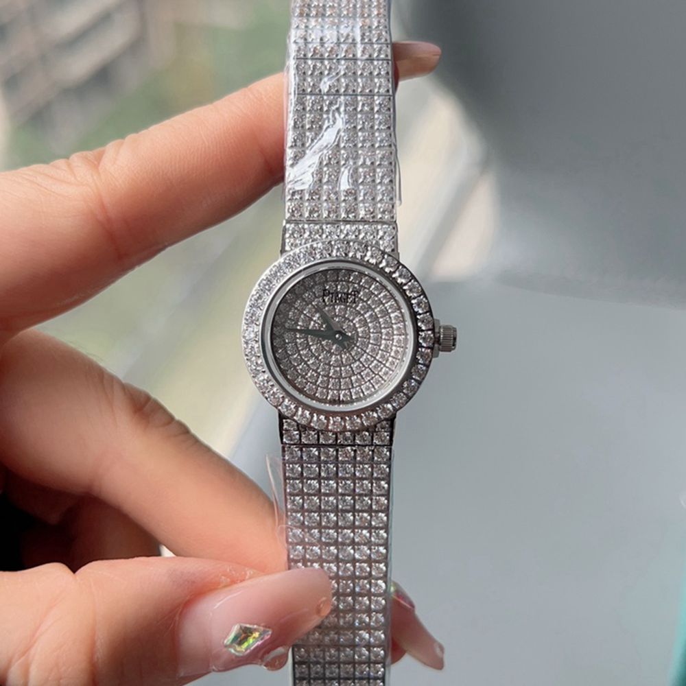Piaget full diamonds silver case 23mm women size quartz movement fashion shiny watch WS075