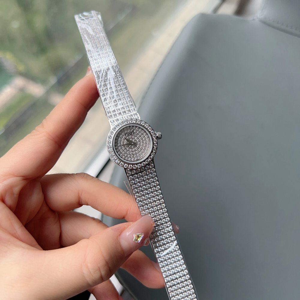 Piaget full diamonds silver case 23mm women size quartz movement fashion shiny watch WS075