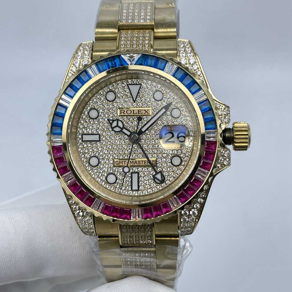 GMT AAA automatic gold case diamonds face baguette rainbow bezel men wristwatch S08