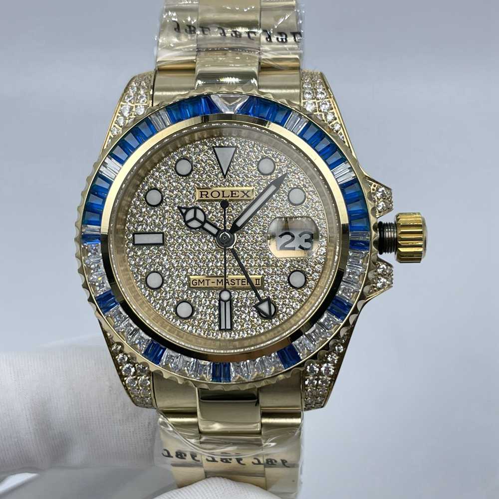 GMT gold case AAA automatic 2813 movement diamonds face baguette stones bezel S05