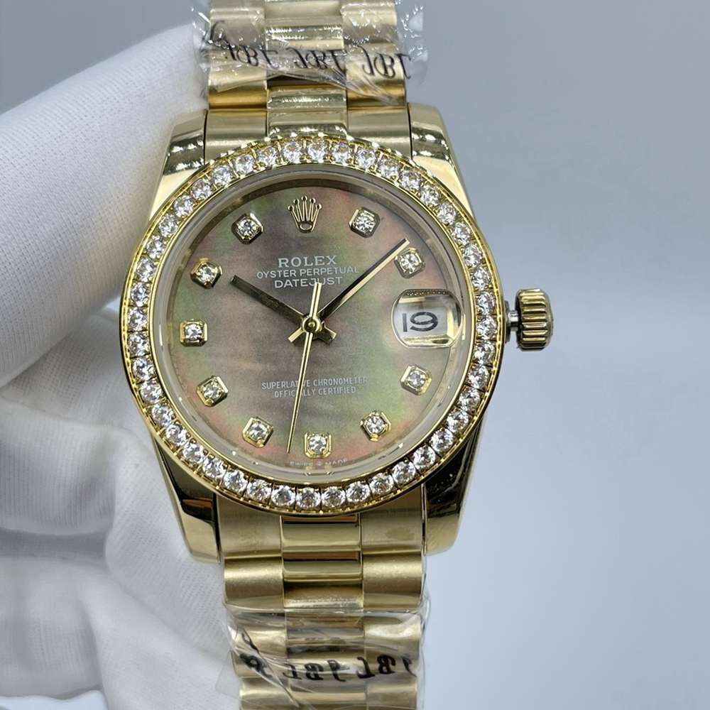 Datejust women 31mm AAA automatic gold case diamonds bezel black pearl dial president band watch S