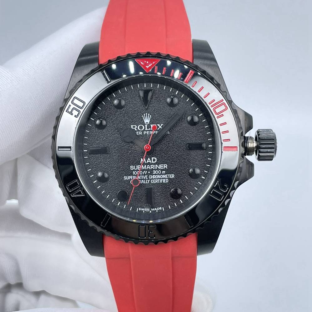 SUB MAD black case frosted black dial red rubber strap AAA automatic 2813 movement men watch S