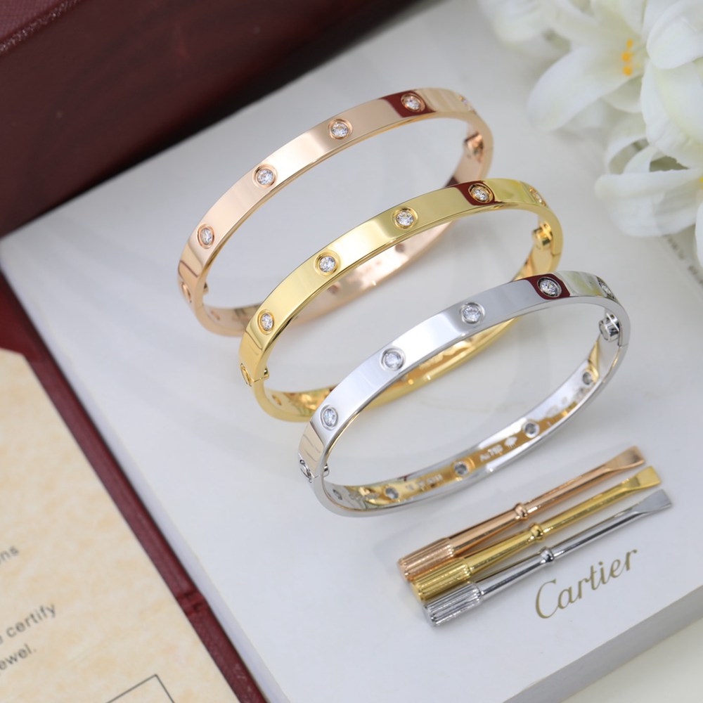 Cartier classic Love bracelets 10-diamonds-set gold/silver/rose gold Size 16/17/18/19/20, 65usd/pcs