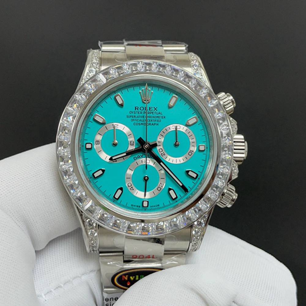 Daytona Swiss baguette diamond-set bezel Tiffany blue dial full works 7750 automatic TW factory WT155