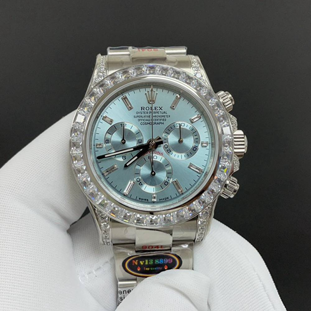 Daytona ice blue TW 7750 full works baguette diamonds bezel 904L steel case 38.5x12.4mm WT155