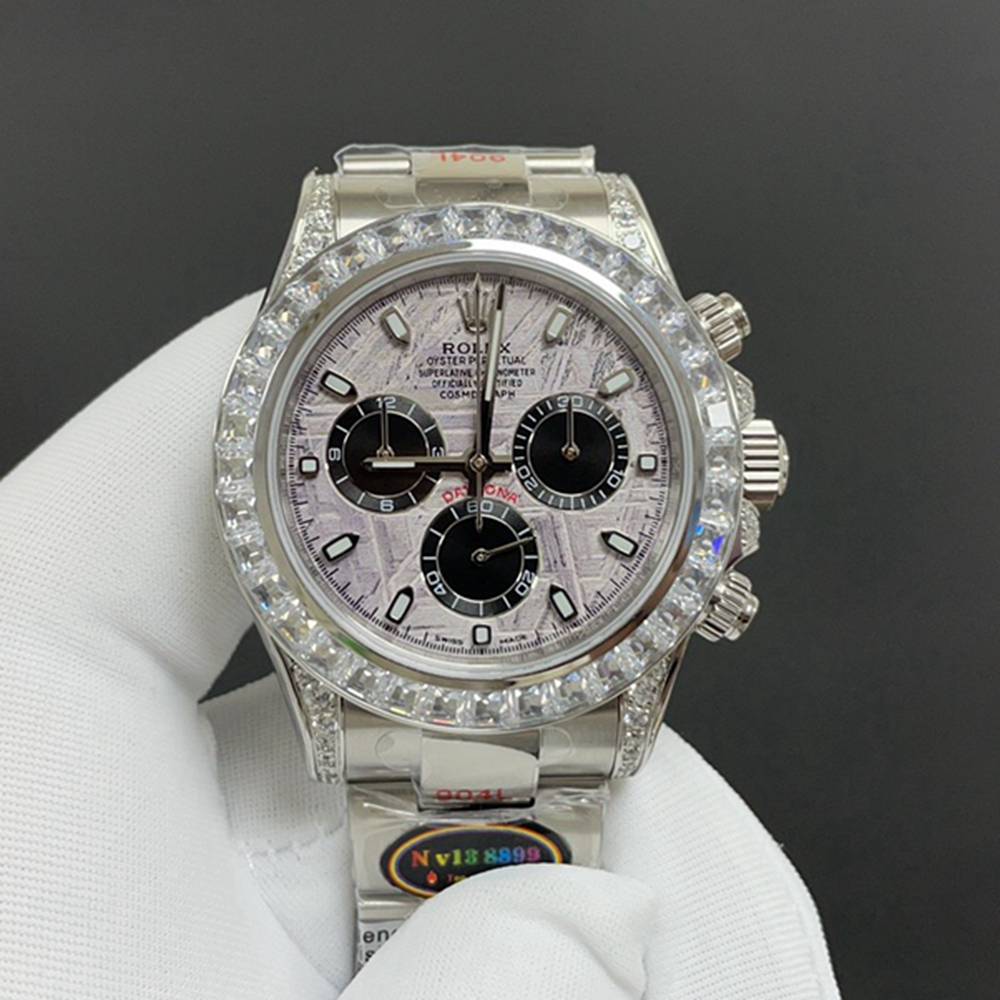 Daytona meteorite dial TW factory 7750 full works baguette diamonds bezel thin case stopwatch WT155