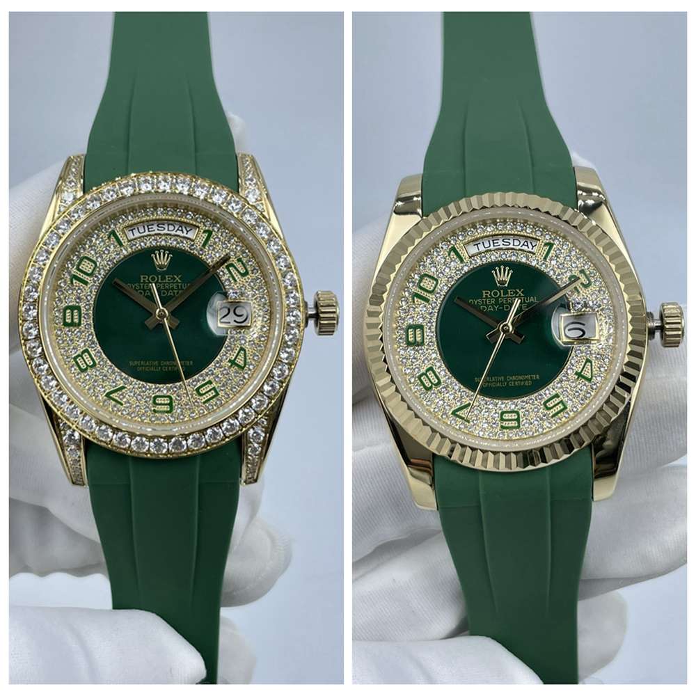 DayDate gold case 36mm green dial green rubber strap AAA automatic diamonds shiny watch women watches