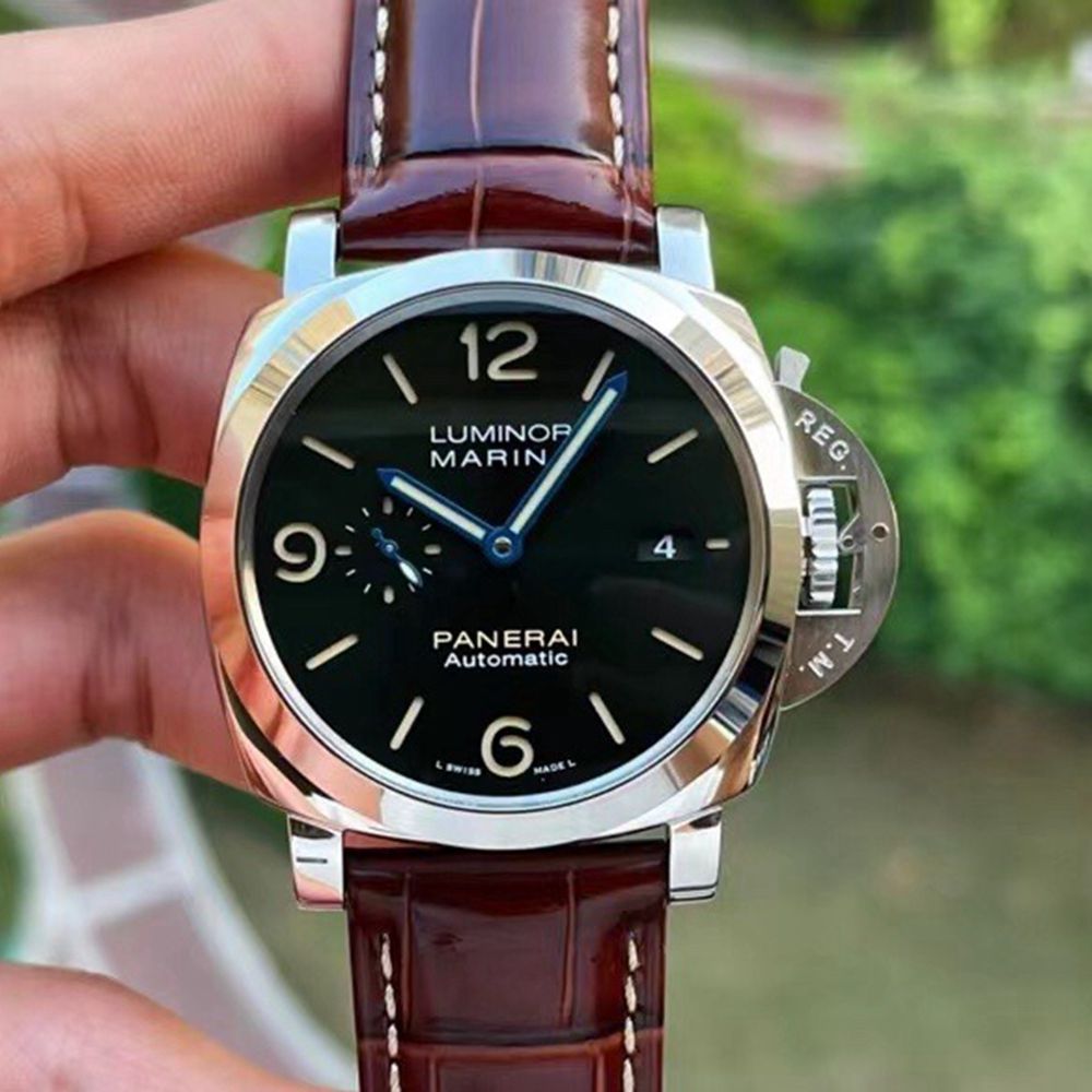 Panerai Luminor Marina VS factory top quality silver case 44mm black dial brown leather strap PAM1116