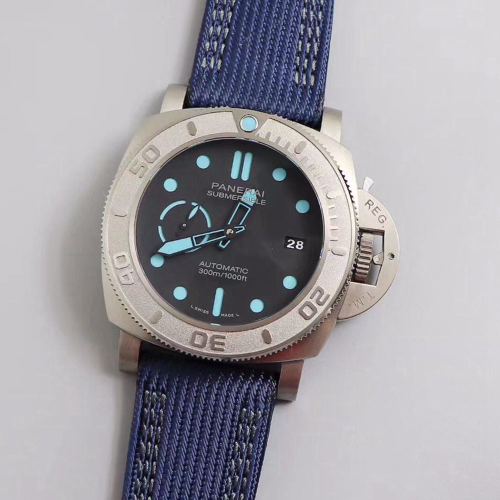 Panerai Submersible silver case 47mm black dial full works VS factory top quality blue nylon strap WT