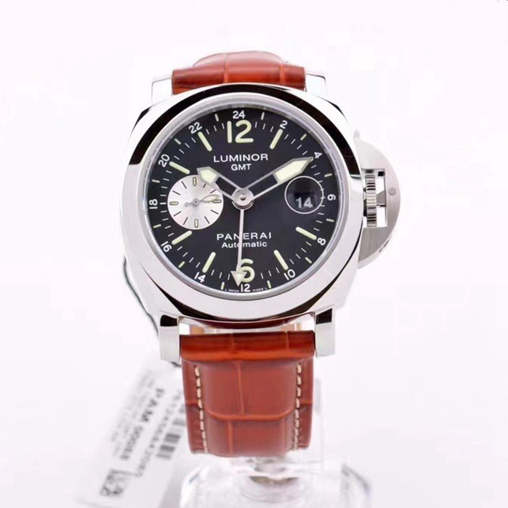 Panerai Luminor GMT silver case 44mm black dial brown leather strap VS factory PAM088 1:1 copy