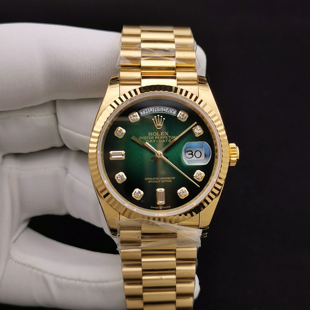 DayDate 36mm gold case green dial diamond-set numbers fluted bezel president band EW factory 3255