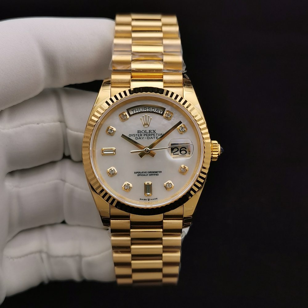 DayDate 128238 36mm gold case white pearl dial diamonds-set numbers president band EW factory 3255