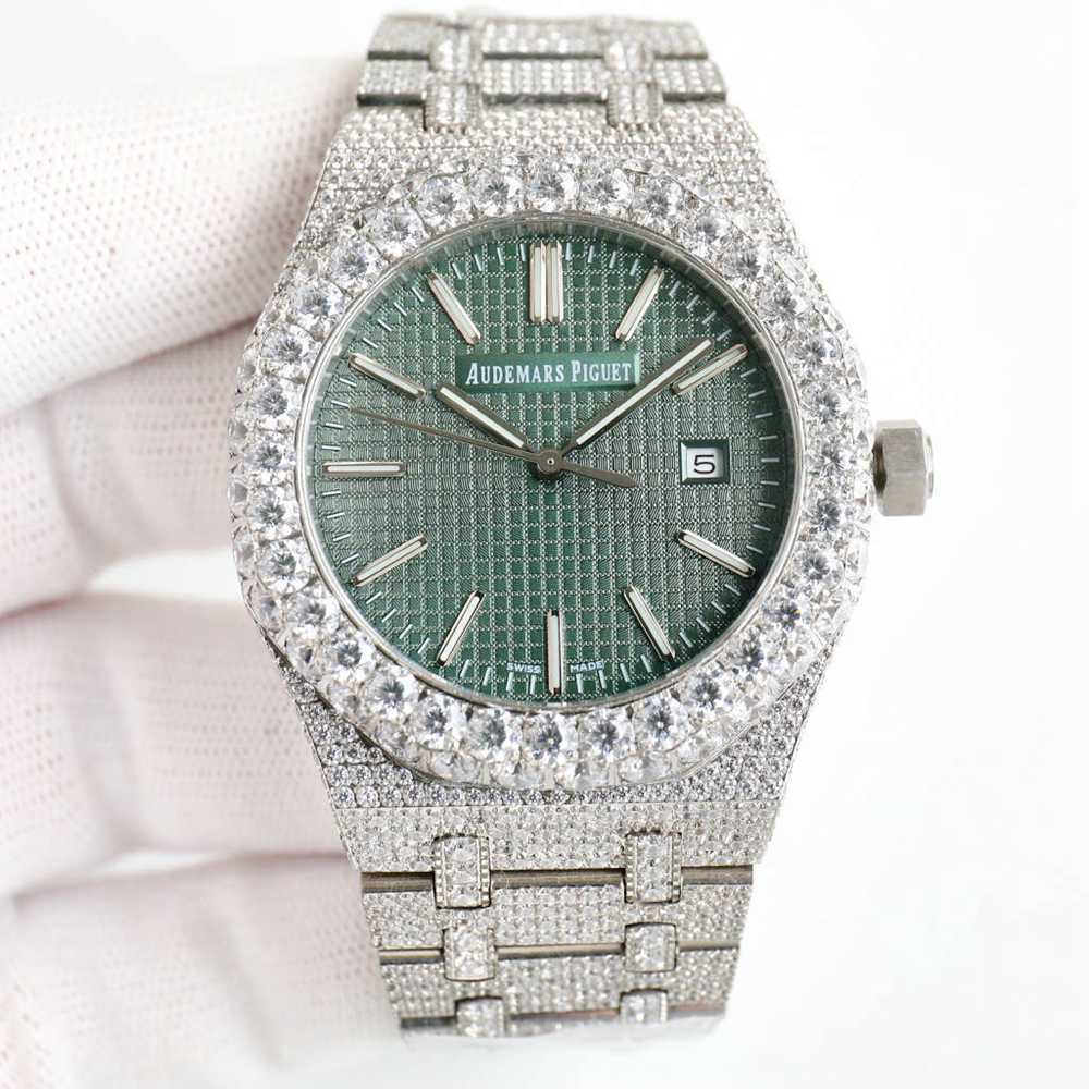 AP 15510 new model full diamonds case 42mm automatic 8215 movement big stones green dial shiny watch