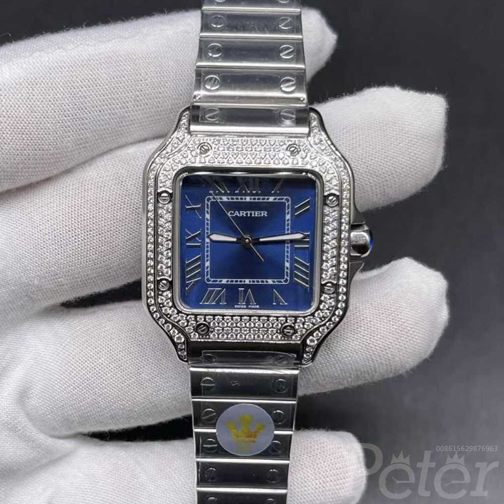 Cartier Santos lady size 33.5mm diamonds bezel blue dial stainless steel case quartz movement WS043
